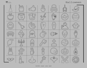 Collection of 49 halloween icons. Vector illustration in thin line style