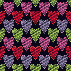 Fototapeta na wymiar Seamless vector background with decorative hearts. Valentine's day. Embroidery on fabric. Scribble texture. Textile rapport.