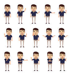 Set of stylish businessman characters showing various hand gestures. Cheerful man pointing, showing thumb up, victory sign and other gestures. Flat style vector illustration