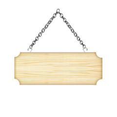 Wooden sign hanging on a chain isolated on white  background