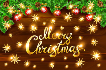 Christmas Greeting Card and Happy New Year Invitation with Shining Gold Snowflakes and Stars on Wood Texture Abstract Background. Vector illustration