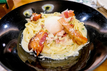 Spaghetti Carbonara with bacon and Onsen Egg