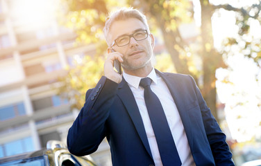 Businessman talking on phone standing outside the car