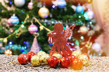 Fototapeta na wymiar Christmas decoration seasons greetings closeup blur Christmas tree background