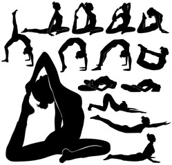 Set of silhouettes of slim woman doing yoga stretching.