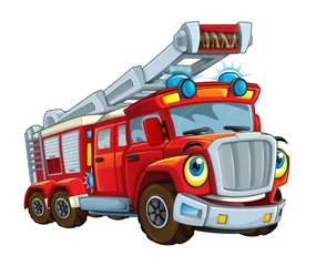 Fotobehang Cartoon happy and funny cartoon fire fireman bus looking and smiling - illustration for children © honeyflavour