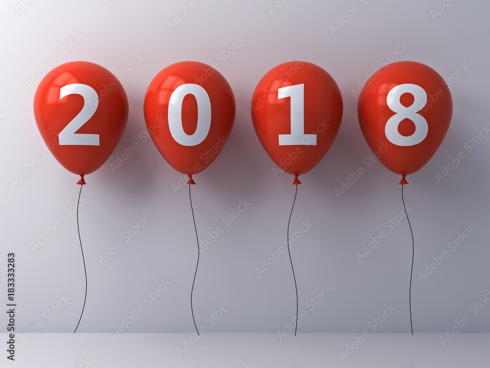 Poster year two thousand eighteen , happy new year 2018 , white 2018 text on red balloons isolated over whi