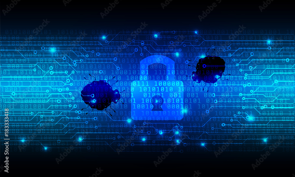 Aufkleber Security Cyber Bug Virus Protection Vector Background. Blue Hi Tech Abstract Key Pad Circuit Board On Digital Binary Code Pattern Illustration.