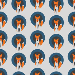 Vector Seamless Pattern with a Fox on a Grey Background with Blue and Dark Gray Rounds. Designed for Wrapping Paper, Textile Print etc.