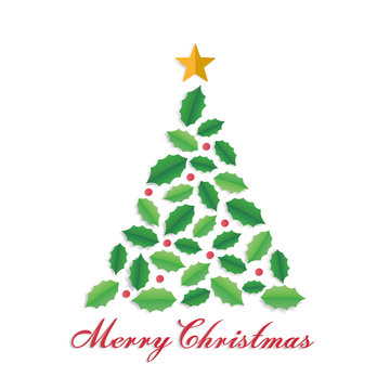 Merry Christmas and winter season greeting card. Christmas tree shape with leaves and star. Paper art style.