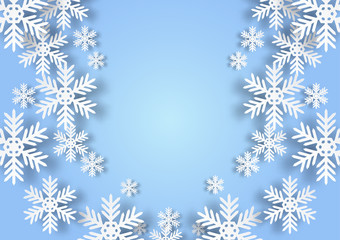 White snowflake on blue background vector illustration paper art style, Christmas and Happy New Year concept