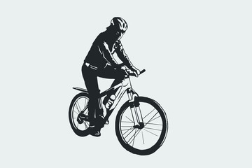 Cycling pose in black and white silhouette. Cycling sign. 