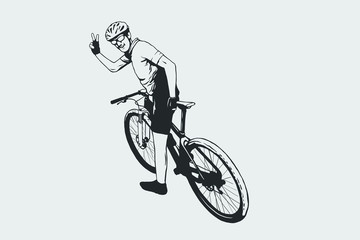 Fototapeta na wymiar Cycling pose in black and white silhouette. Cycling sign. 