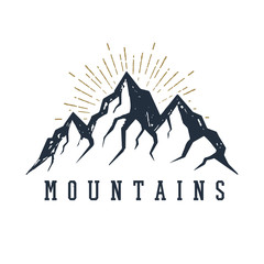 Hand drawn inspirational label with mountains textured vector illustration and "Mountains" lettering.