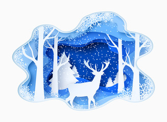 Winter 3d abstract paper cut illustration of snow and deer in the forest. Vector template © Olha
