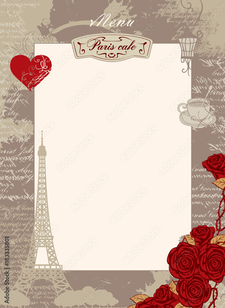 Aufkleber vector menu blank for paris cafe with a place for writing with the eiffel tower, red heart and roses