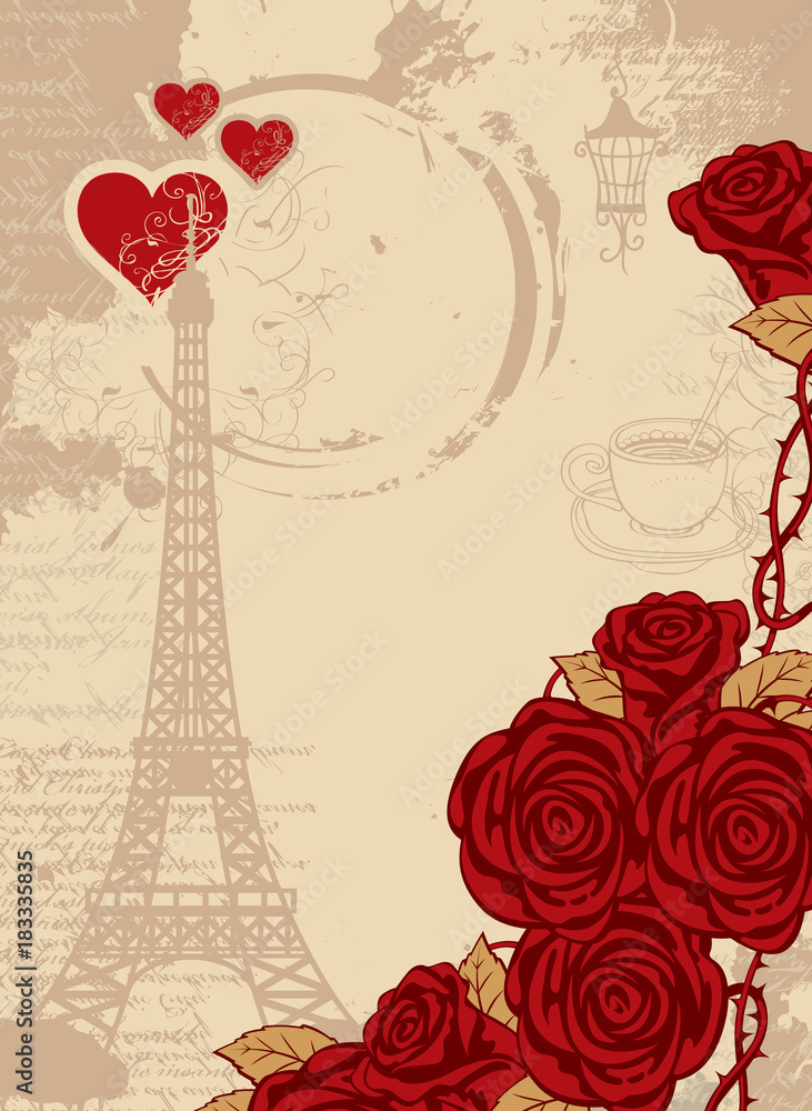 Poster vector travel background with place for text with the eiffel tower, red heart and roses, cup and the