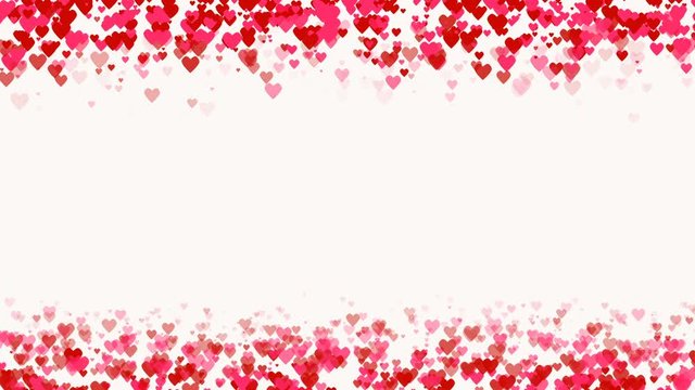 Hearts fall from top and to bottom. Red pink hearts love animation. empty space in middle. Concept template for greeting with Valentines Day or Mothers Day. Abstract background. Seamless loop.