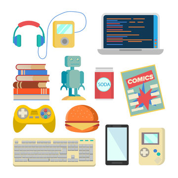 Nerd Items Set Vector. Geek Accessories. Headphones, Player, Laptop, Robot, Toy, Phone, Keyboard, Tetris, Comics, Soda, Burger, Books. Isolated Flat Cartoon Illustration