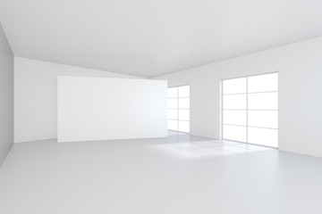 Large white billboard standing near a window in a white room. 3D rendering.