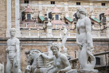 Famous fountain of shame on baroque Piazza Pretoria, Palermo, Sicily, Italy