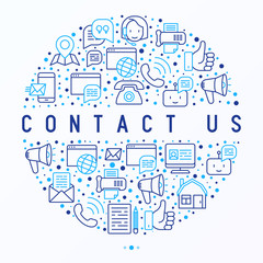 Contact us concept in circle with thin line icons of telephone, fax, operator call center, e-mail, chat bot, pointer, feedback. Modern vector illustration for banner, web page, print media.