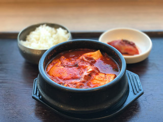 Traditional Korean food, kimchi soup in clay pot