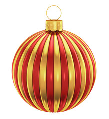 New year golden ball with red stripes on a white background. 3d rendering.