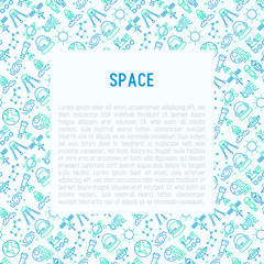 Space concept with thin line icons: rocket, Earth, lunar rover, space station, teelscope,alien,meteorite. Modern vector illustration for banner, print media, web page.