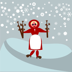 Feast of saint Barbara - girl wearing branches of a fruit tree in a snowy landscape - obrazy, fototapety, plakaty