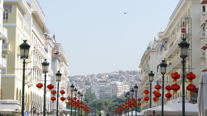 High view of Aristotle Square iwith lanterns n Thessaloniki, Greece