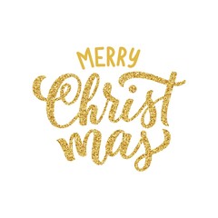 Hand lettering inscription Merry Christmas with golden glitter effect, isolated on white background. Ideal for festive postcards design. Vector type illustration.