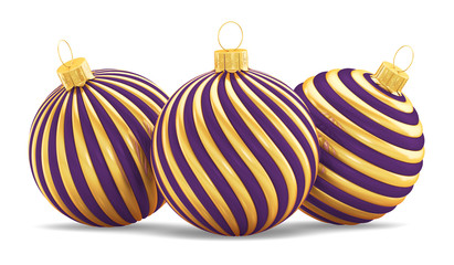 Christmas toys three striped violet balls on a white background. 3D rendering illustration.