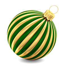 New year golden ball with green stripes on a white background. 3d rendering. He lies on his side. © 3dddcharacter