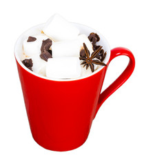 Red mug with hot chocolate with melted marshmallow on white background