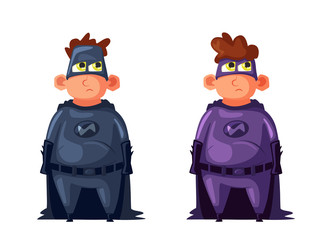 Kid wearing funny costume superhero. Cartoon vector illustration