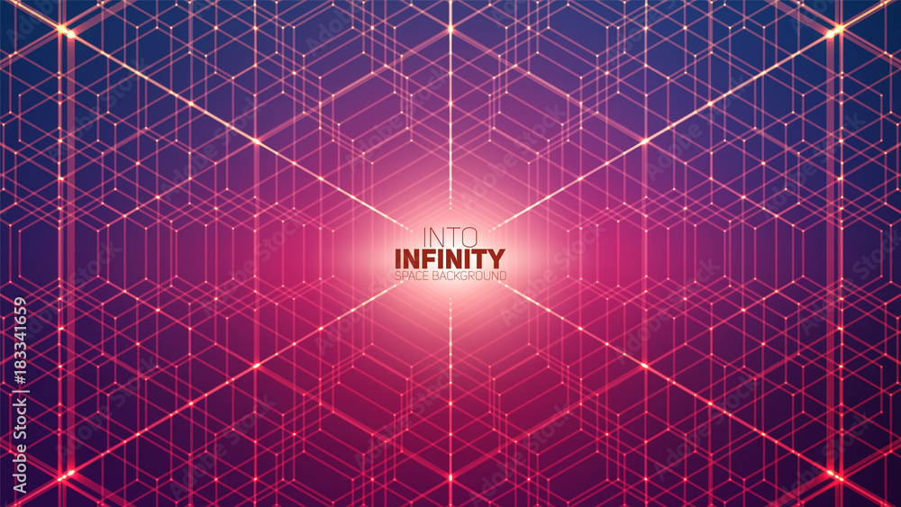 Poster vector infinite hexagonal space background. matrix of glowing stars with illusion of depth, perspect