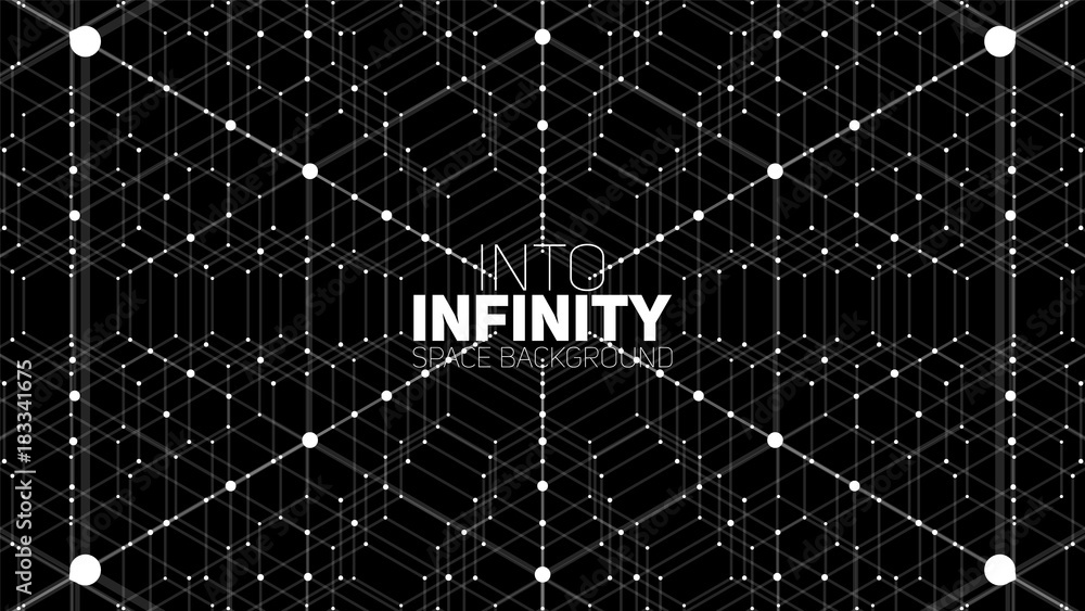 Poster vector infinite hexagonal space background. matrix of glowing stars with illusion of depth, perspect