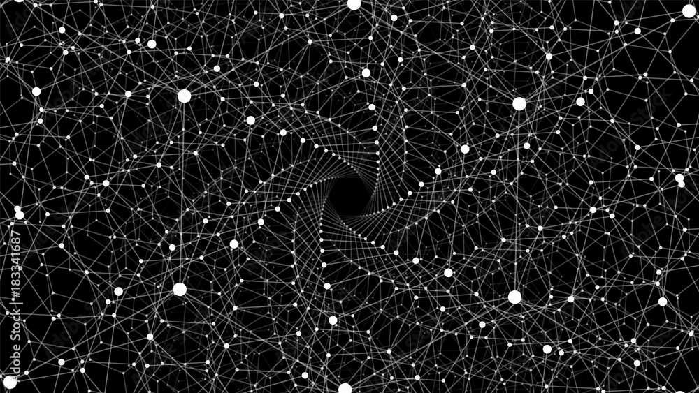 Poster vector infinite twisted hexagonal space background. matrix of glowing stars with illusion of depth, 