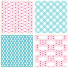Set of cute retro primitive seamless patterns with hearts, polka dots and gingham