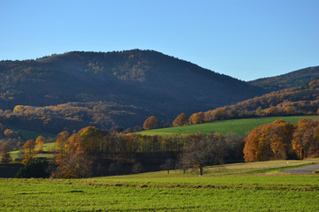 Paysage de montagnes, Collines vosgiennes à l'automne, massif des Vosges, Bourbach-le-Bas, Alsace, France