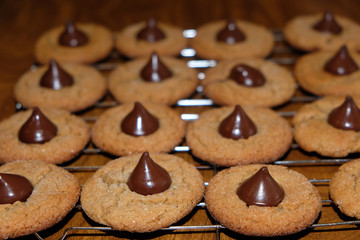 Close-up of chocolate drop cookies on a cooling rack