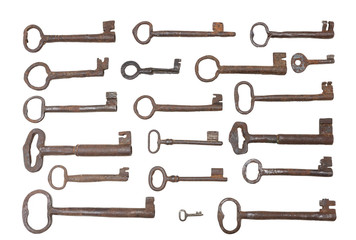Vintage forging iron keys collection, isolated on white background