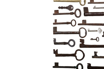 Retro iron door keys isolated on white background with text space
