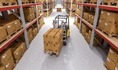  interior of a warehouse full of goods ready to be shipped, no one around, forklift truck in...