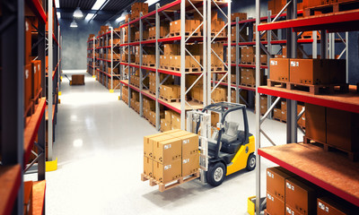  interior of a warehouse full of goods ready to be shipped, no one around, forklift truck in action. shipping and logistics concept. - obrazy, fototapety, plakaty