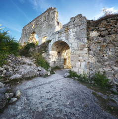 Fototapeta na wymiar Crimea, ruins citadel on top of mountain Mangup Kale