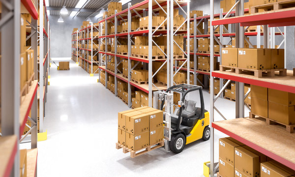  Interior Of A Warehouse Full Of Goods Ready To Be Shipped, No One Around, Forklift Truck In Action. Shipping And Logistics Concept.