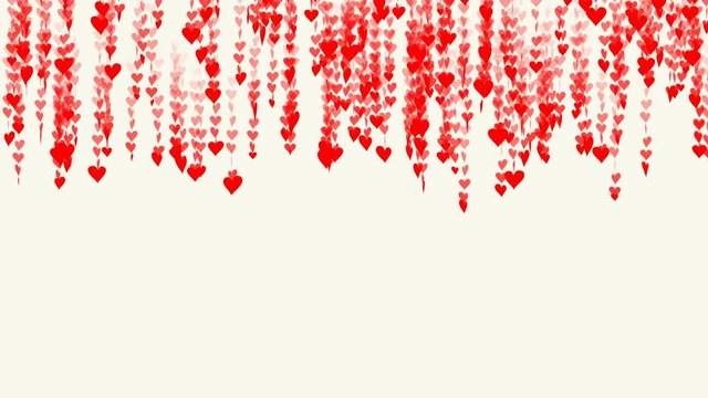 Orange red hearts descend leaving a long tail behind them. Confetti of hearts fall spinning. White background. Abstract background for Valantines Day, Mothers Day, party and other events. Loopable.