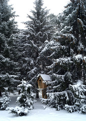  fairy-tale house on chicken legs in a snow-covered forest